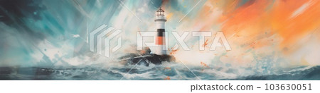 A painting of a lighthouse in the middle of the ocean. Generative AI image. 103630051