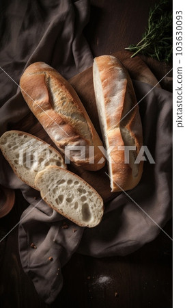 Freshly Baked Ciabatta Bread Photorealistic Vertical Background. Crusty Pastry, Gourmet Bakery. Ai Generated Lifelike Background with Aromatic Traditional Ciabatta Bread. 103630093