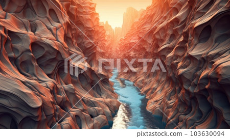 A river running through a canyon in the middle of a mountain. Generative AI image. 103630094