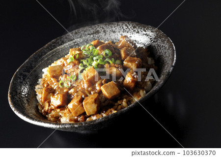 黑色背景中放著大量小蔥和豆腐的辣麻婆豆腐飯碗 黑色背景中放著大量小蔥和豆腐的辣麻婆豆腐飯碗 103630370