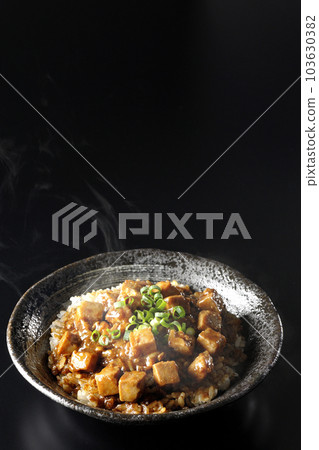 黑色背景中放著大量小蔥和豆腐的辣麻婆豆腐飯碗 103630382