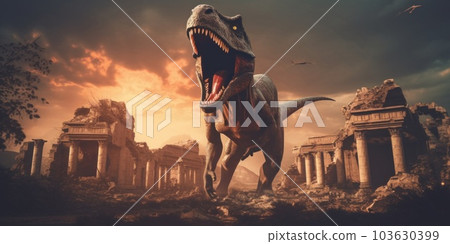 A dinosaur with its mouth open in a ruined city. Generative AI image. A dinosaur with its mouth open in a ruined city. Generative AI image. 103630399