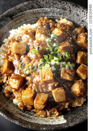 鳥瞰黑色背景上有大量小洋蔥和豆腐的麻辣麻婆豆腐碗 103630490