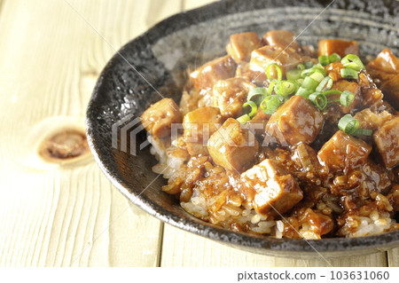 Spicy Hot Mapo Tofu Donburi with Plenty of Small Green Onions and Tofu Spicy Hot Mapo Tofu Donburi with Plenty of Small Green Onions and Tofu 103631060