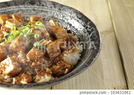 Spicy Hot Mapo Tofu Donburi with Plenty of Small Green Onions and Tofu 103631061