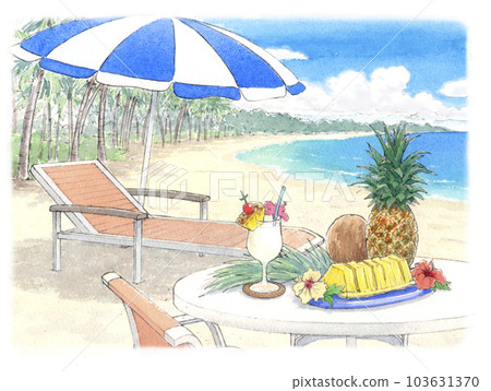 熱帶海灘上的雨傘和躺椅（水彩風景） 103631370