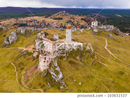 View from drone of remains of ancient destroyed Castle in Polish village of Olsztyn in Czestochowa County in springtime View from drone of remains of ancient destroyed Castle in Polish village of Olsztyn in Czestochowa County in springtime 103631537