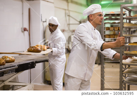 male baker rolling cart with bread in kitchen 103632595