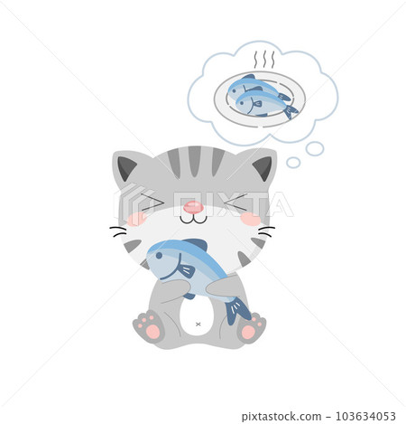 Cute cat holding fish in the dish. Animal cartoon character Cute cat holding fish in the dish. Animal cartoon character 103634053