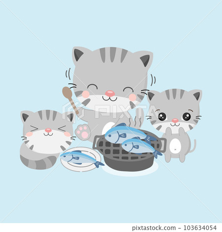 Happy cat family eating grilled fishes.Vector illustration. 103634054