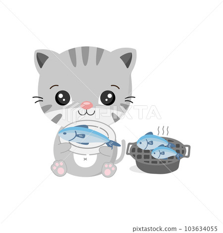 Cute cat holding fish in the dish. Animal cartoon character Cute cat holding fish in the dish. Animal cartoon character 103634055
