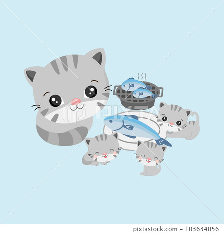 Cat and baby eating grilled fishes. Happy family concept. 103634056