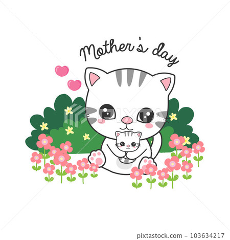 Cute Cats for Mother's Day. Cats mom and baby on flowers field. 103634217