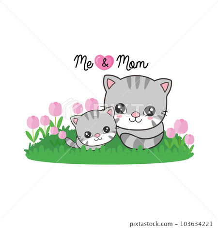 Cat mom and baby on the flowers field. For mother'day greeting card. 103634221