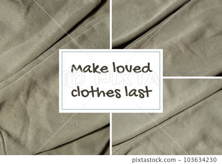 MAKE LOVED CLOTHES LAST text on background of before and after effect of Anti-pilling razor. Sustainability lifestyle fashion, reducing clothing waste recycling Device for shaving pellets clothes 103634230
