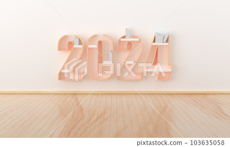2024 happy new year education and minimal concept. Bookshelves wood for Decoration in room. minimal japan style. Mock up space for display of product holiday celebration greeting card 3d rendering. 103635058