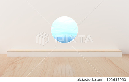 scene for product beside terrace modern minimal and luxury, sea view in circle at vacation. 3d rendering illustration tourist resort. Holiday summer season living room reality into dreamlike spaces 103635060