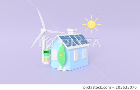 3d rendering Solar panel house , plant and battery electricity concept minimal pastel general home . wind turbine power plant with generate the electric . earth day World environment day Eco friendly 103635076