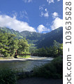 Views of Kamikochi Looking up at Mt. Hotaka from the Azusa River and Kappa Bridge in early summer 103635828