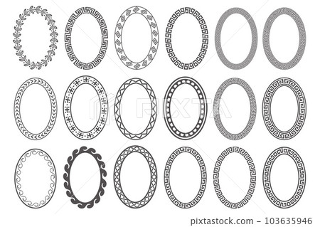 Greek key oval frame set. Circle borders with meander ornaments. Ellipse ancient designs. Vector Greek key oval frame set. Circle borders with meander ornaments. Ellipse ancient designs. Vector 103635946