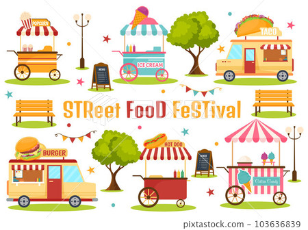 Street Food Festival Event Vector Illustration with People and Foods Trucks in Summer Outdoor City Park in Flat Cartoon Hand Drawn Templates 103636839