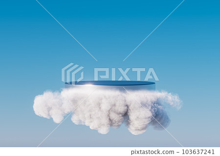 3d surreal presentation metal pedestal levitating in the air in clouds 103637241