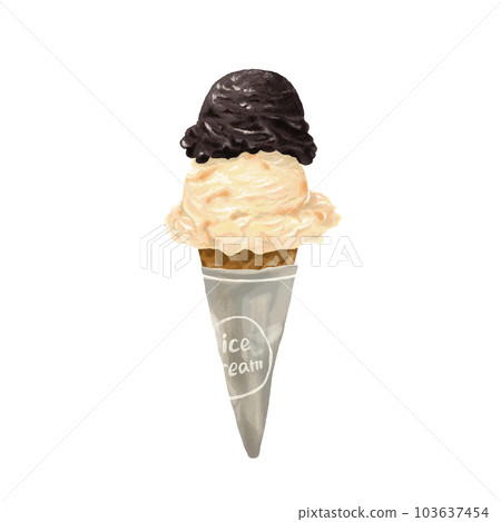 Vanilla and chocolate ice cream in a waffle cone hand drawn style illustration 103637454