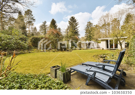 a backyard area with a lawn, chair and house in the background on a sunny day photo taken from behind 103638350