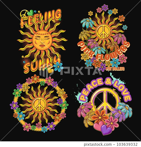 Summer labels with sun, peace sign, chamomile flowers, hearts. Concept of peace, love and harmony. For clothing, apparel, T-shirts, surface decoration. Retro style illustration on black background. 103639332
