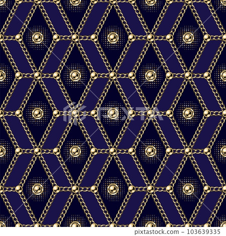 Abstract geometric pattern with hexagons, golden realistic jewelry chains, beads on dark blue background. Vintage geometric backdrop. Classic elegance design. 103639335