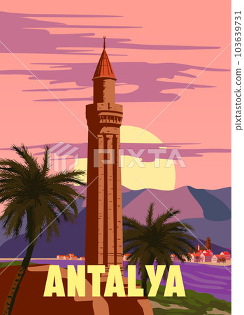 Antalya retro landmark poster, Turkey resort. Vintage touristic travel postcard, placard, vector Antalya retro landmark poster, Turkey resort. Vintage touristic travel postcard, placard, vector 103639731