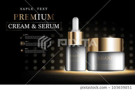 Hydrating facial cream and serum for annual sale or festival sale. gold serum mask bottle isolated on glitter particles background. Graceful cosmetic ads, illustration. Hydrating facial cream and serum for annual sale or festival sale. gold serum mask bottle isolated on glitter particles background. Graceful cosmetic ads, illustration. 103639851