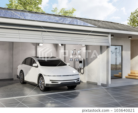 Solar panel on roof generate electricity for home garage with ev charger Solar panel on roof generate electricity for home garage with ev charger 103640821