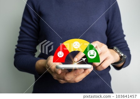 Customer satisfaction very good service with smart phone, impression of take care and attention, choose a smiley face icon, answer the survey, give the highest score, very happy feedback from guest. Customer satisfaction very good service with smart phone, impression of take care and attention, choose a smiley face icon, answer the survey, give the highest score, very happy feedback from guest. 103641457