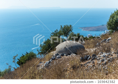 A military bunker guards the hills surrounding Saranda, Albania 103642382