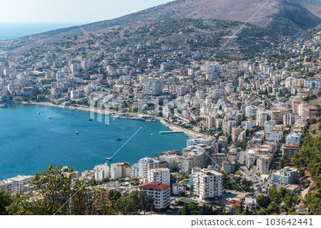 Picturesque aerial scenery of Saranda city at Albanian Ionian Sea coast 103642441