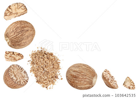 Whole and grated nutmeg isolated on white background. Top view with copy space for your text. Flat lay Whole and grated nutmeg isolated on white background. Top view with copy space for your text. Flat lay 103642535