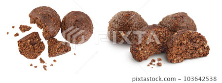 chocolate cookie with kerob, banana, cashew, sunflower seeds isolated on white background. Healthy food, gluten-free, flour-free. Top view. Flat lay. 103642538