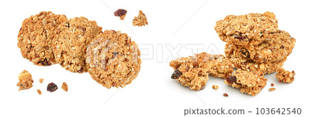 Granola cookie isolated on white background with full depth of field. Top view. Flat lay. Granola cookie isolated on white background with full depth of field. Top view. Flat lay. 103642540