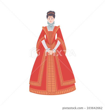 Vector isolated illustration of medieval beautiful queen, duchess in a red luxurious outfit, dress and jewelry 103642662
