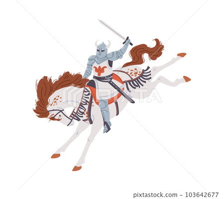 Vector isolated illustration of medieval knight wearing armor and white cloak, sword in hand and helmet with horns riding a horse 103642677
