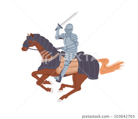 Armed knight with sword riding horse, cartoon flat vector illustration isolated on white background. 103642703