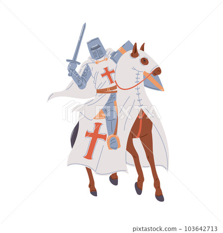 Vector illustration of medieval knight in white cloak and wearing armor, sword in hand riding on horse, isolated on white background 103642713