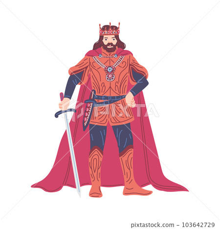 Vector isolated illustration of medieval king, lord, duke with crown and red cape, with sword and knife, monarch Middle ages 103642729