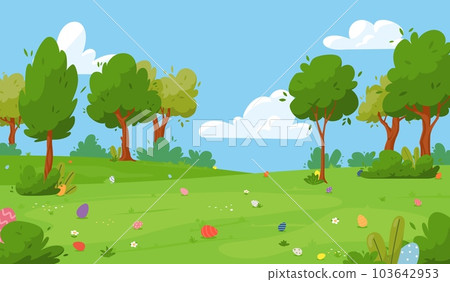 Meadow with hidden eggs for Easter egg hunt, cartoon flat vector illustration. Meadow with hidden eggs for Easter egg hunt, cartoon flat vector illustration. 103642953