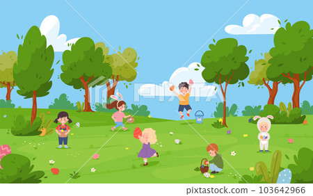 Cute children egg hunting in park, cartoon flat vector illustration. 103642966