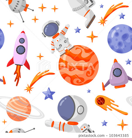 Astronaut and space seamless pattern with space elements. Seamless pattern for design, posters, backgrounds astronaut and space. Planet, comet, galaxy, alienships. 103643385