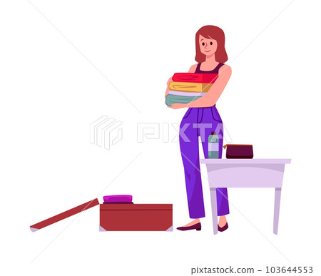 Happy woman neatly packing suitcase near the table with a bottle and a cosmetic bag, flat vector illustration isolated on white background Happy woman neatly packing suitcase near the table with a bottle and a cosmetic bag, flat vector illustration isolated on white background 103644553