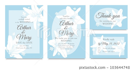 Set of vector wedding invitation templates with lily flowers and blue background 103644748