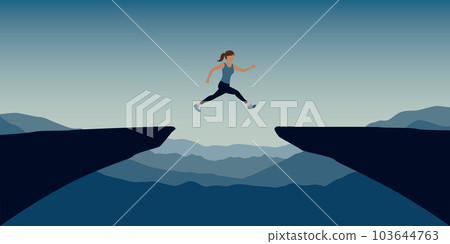 sporty woman successful jumping over a cliff on blue mountain landscape sporty woman successful jumping over a cliff on blue mountain landscape 103644763